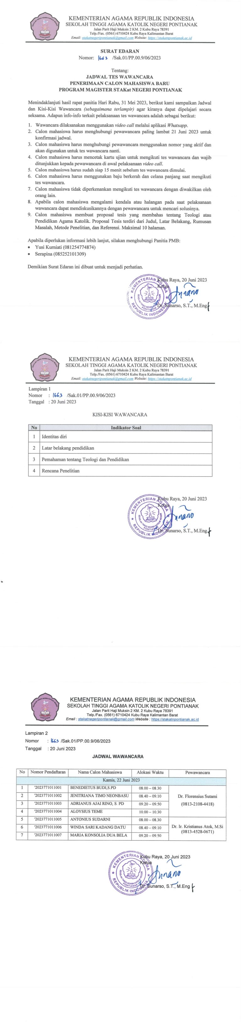 JADWAL TES WAWANCARA PMB PROGRAM MAGISTER STAKAT NEGERI PONTIANAK