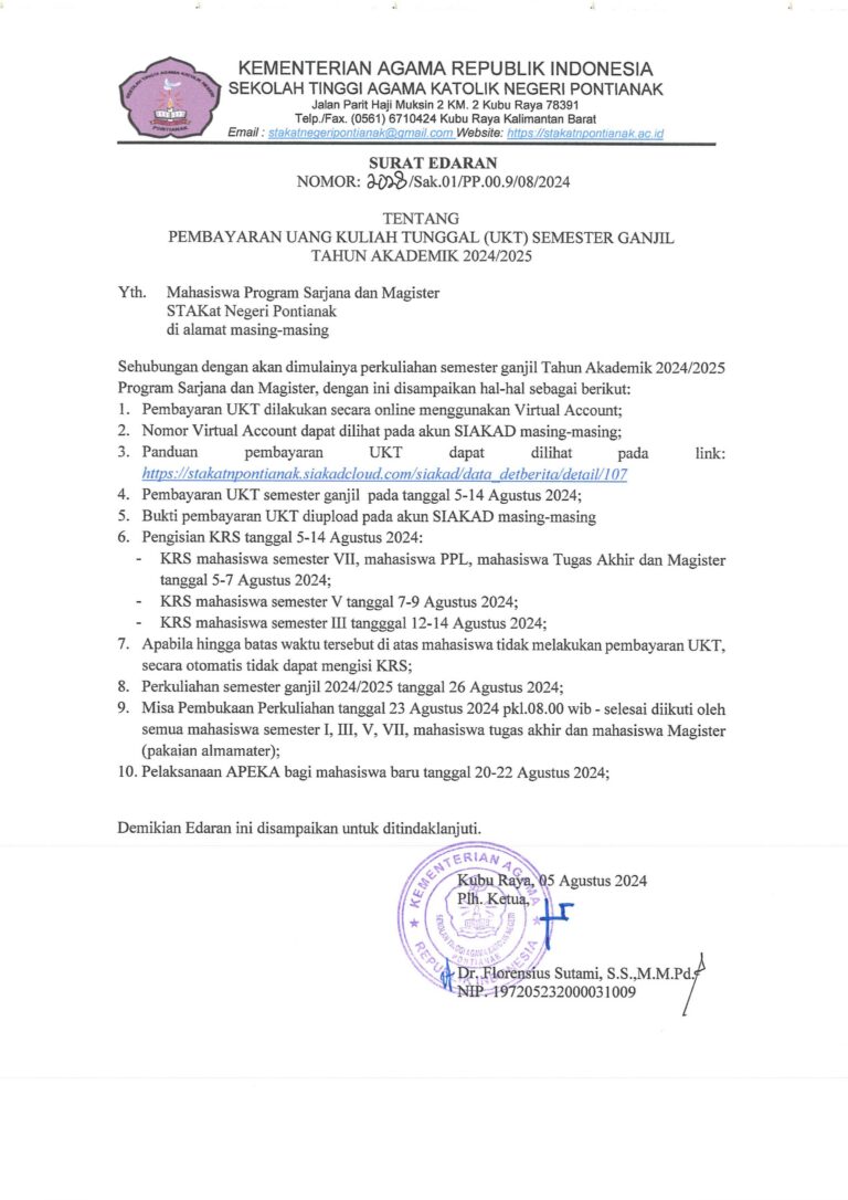 Pengumuman Tentang Pembayaran Uang Kuliah Tunggal (UKT) Semester Ganjil Tahun Akademik 2024/2025